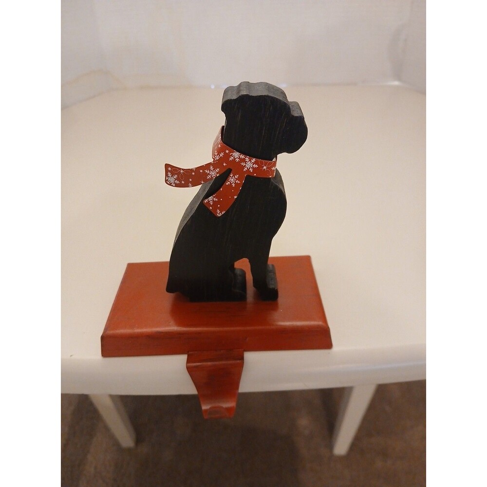 Boxer Dog Shaped Wood Cut Out Pet Stocking Holder Red Metal Scarf On Metal Base
